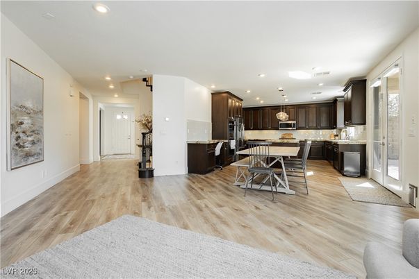 Dining room, Interior, Kitchen, Pendant Lights, Recessed Lighting, Wood Texture Flooring