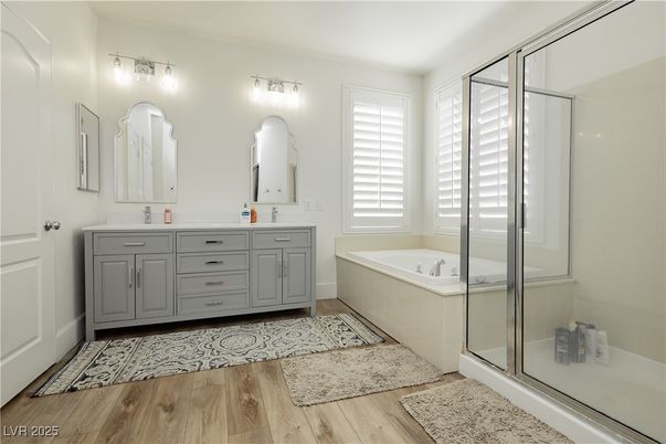 Bathroom, Dual Sink Vanities, Glass Shower, Interior, Wood Texture Flooring