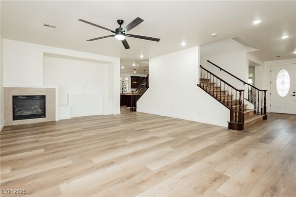 Empty room, Fireplace, Interior, Recessed Lighting, Wood Texture Flooring