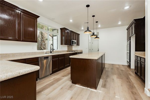 Interior, Kitchen, Pendant Lights, Recessed Lighting, Wood Texture Flooring