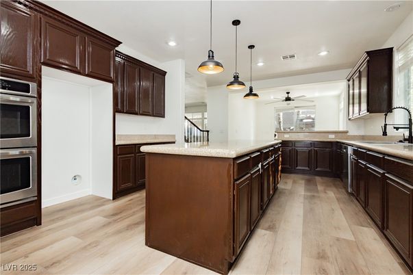 Interior, Kitchen, Pendant Lights, Recessed Lighting, Stainless Steel Appliances, Wood Texture Flooring
