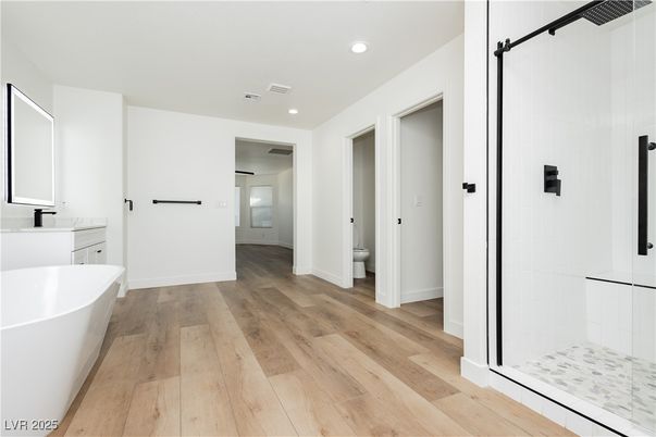 Bathroom, Free Standing Baths, Interior, Recessed Lighting, Wood Texture Flooring