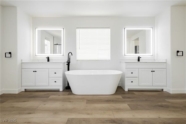 Bathroom, Dual Sink Vanities, Free Standing Baths, Interior, Wood Texture Flooring