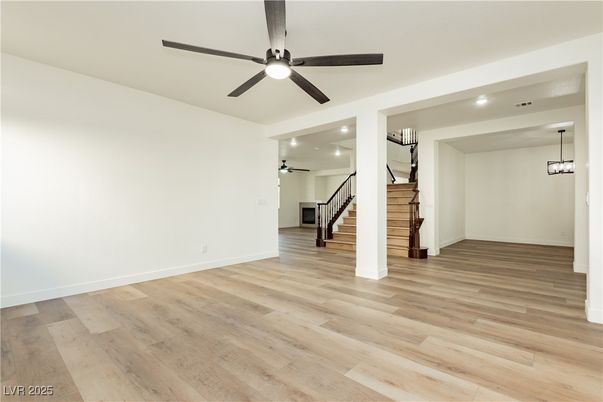 Empty room, Interior, Pendant Lights, Recessed Lighting, Wood Texture Flooring