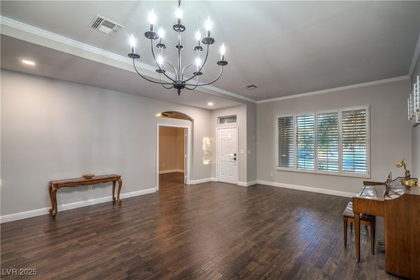 Chandelier, Empty room, Interior, Recessed Lighting, Wood Texture Flooring