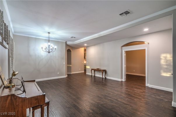 Chandelier, Empty room, Interior, Recessed Lighting, Wood Texture Flooring
