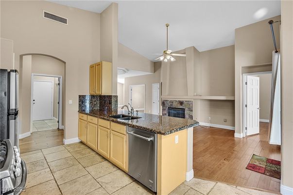Fireplace, Interior, Kitchen, Wood Texture Flooring