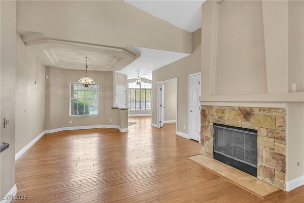 Empty room, Fireplace, Interior, Pendant Lights, Wood Texture Flooring