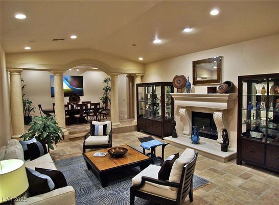 Dining room, Fireplace, Interior, Living room, Recessed Lighting
