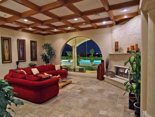 Fireplace, Interior, Living room, Recessed Lighting, Wooden Beams