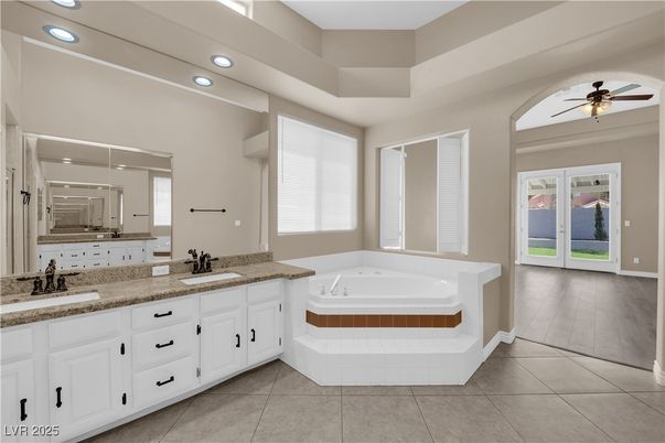 Bathroom, Dual Sink Vanities, Interior, Recessed Lighting, Wood Texture Flooring