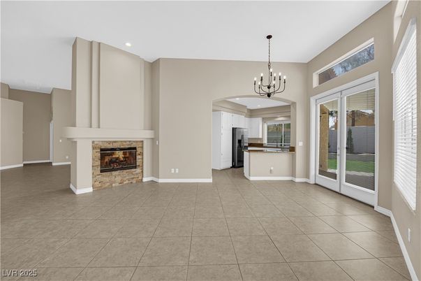 Chandelier, Empty room, Fireplace, Interior, Kitchen, Pendant Lights, Recessed Lighting