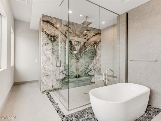 Bathroom, Free Standing Baths, Glass Shower, Interior, Marble Walls, Recessed Lighting