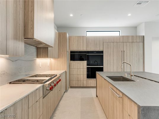 Interior, Kitchen, Marble Walls, Recessed Lighting, Stainless Steel Appliances