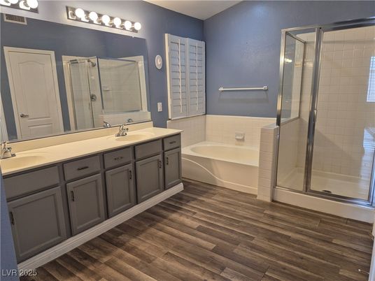 Bathroom, Dual Sink Vanities, Glass Shower, Interior, Wood Texture Flooring