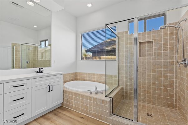 Bathroom, Glass Shower, Interior, Recessed Lighting, Wood Texture Flooring