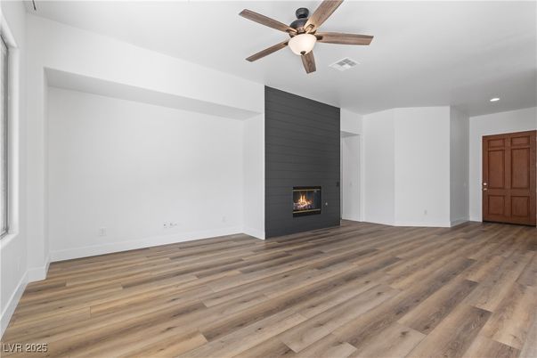Empty room, Fireplace, Interior, Recessed Lighting, Wood Texture Flooring