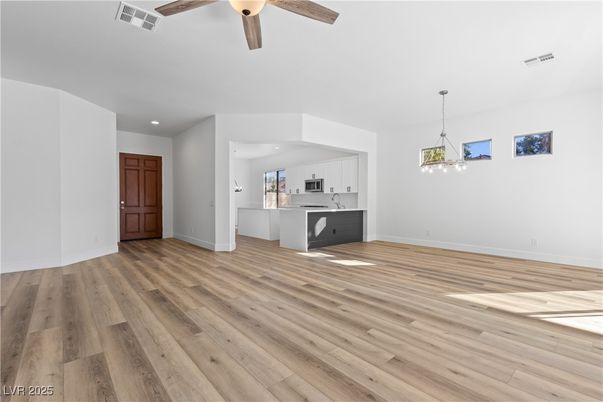 Empty room, Interior, Kitchen, Pendant Lights, Recessed Lighting, Wood Texture Flooring