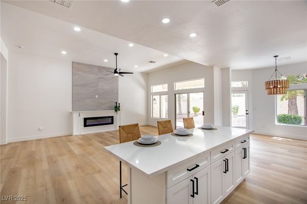 Fireplace, Interior, Kitchen, Pendant Lights, Recessed Lighting, Wood Texture Flooring