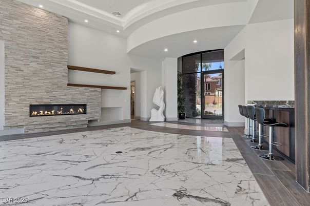 Fireplace, Interior, Marble, Recessed Lighting, Stone Walls