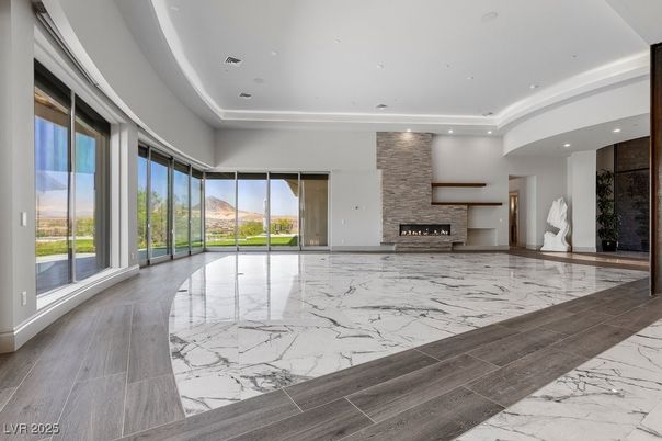 Empty room, Fireplace, Interior, Marble, Recessed Lighting