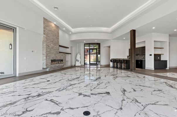 Empty room, Fireplace, Interior, Marble, Recessed Lighting