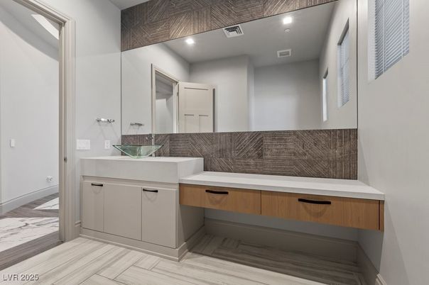Bathroom, Interior, Marble, Recessed Lighting, Wood Texture Flooring