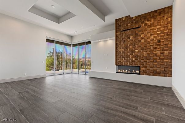 Empty room, Fireplace, Interior, Recessed Lighting, Wood Texture Flooring