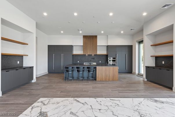 Interior, Kitchen, Marble, Recessed Lighting, Stainless Steel Appliances, Wood Texture Flooring