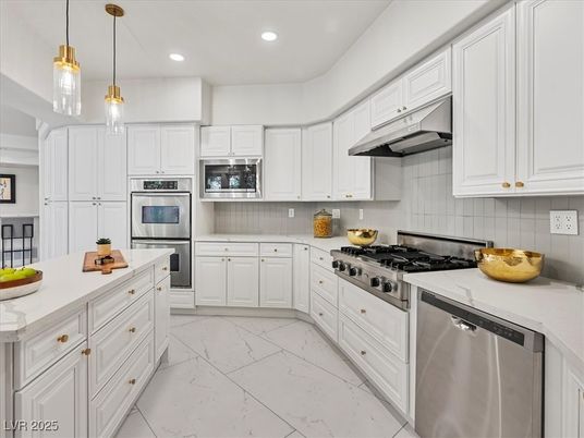 Interior, Kitchen, Marble, Pendant Lights, Recessed Lighting, Stainless Steel Appliances