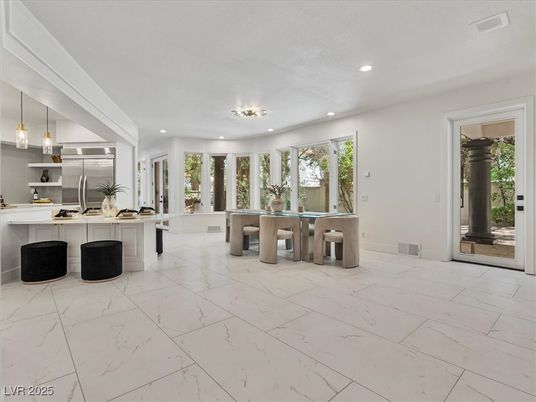 Interior, Kitchen, Marble, Pendant Lights, Recessed Lighting, Stainless Steel Appliances
