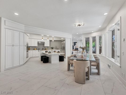 Dining room, Interior, Kitchen, Marble, Pendant Lights, Recessed Lighting