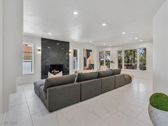 Fireplace, Interior, Living room, Marble, Marble Walls, Recessed Lighting
