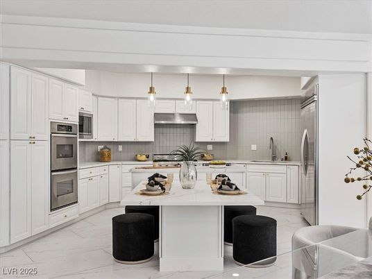 Interior, Kitchen, Marble, Pendant Lights, Stainless Steel Appliances