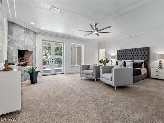 Bedroom, Fireplace, Interior, Recessed Lighting, Stone Walls