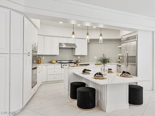 Interior, Kitchen, Marble, Pendant Lights, Recessed Lighting, Stainless Steel Appliances