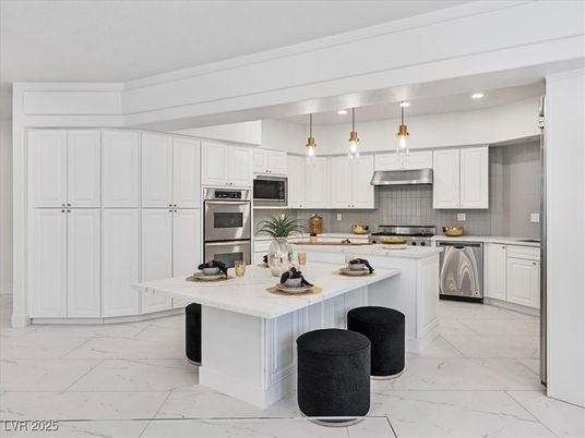 Interior, Kitchen, Marble, Pendant Lights, Recessed Lighting, Stainless Steel Appliances