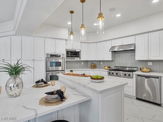 Interior, Kitchen, Marble, Pendant Lights, Recessed Lighting, Stainless Steel Appliances