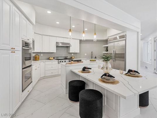 Interior, Kitchen, Marble, Pendant Lights, Recessed Lighting, Stainless Steel Appliances