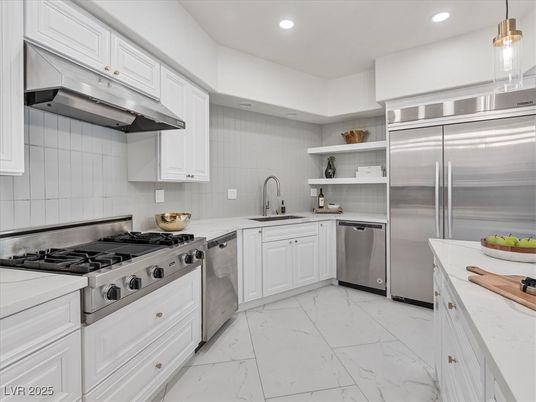 Interior, Kitchen, Marble, Recessed Lighting, Stainless Steel Appliances