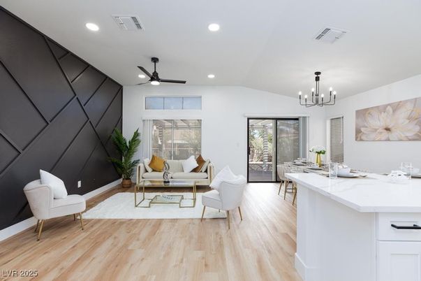 Interior, Living room, Pendant Lights, Recessed Lighting, Wood Texture Flooring