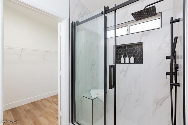 Bathroom, Glass Shower, Interior, Marble Walls, Walk-in Closets, Wood Texture Flooring