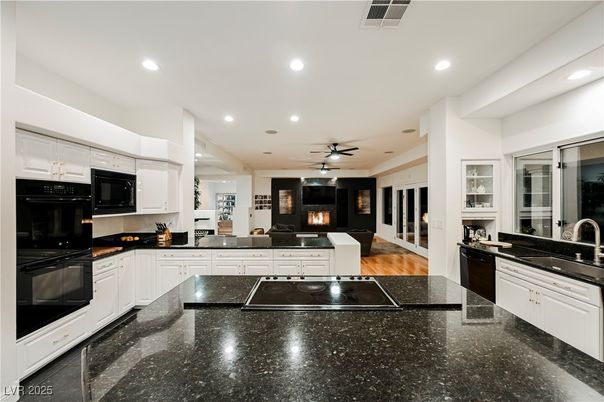 Fireplace, Interior, Kitchen, Living room, Recessed Lighting