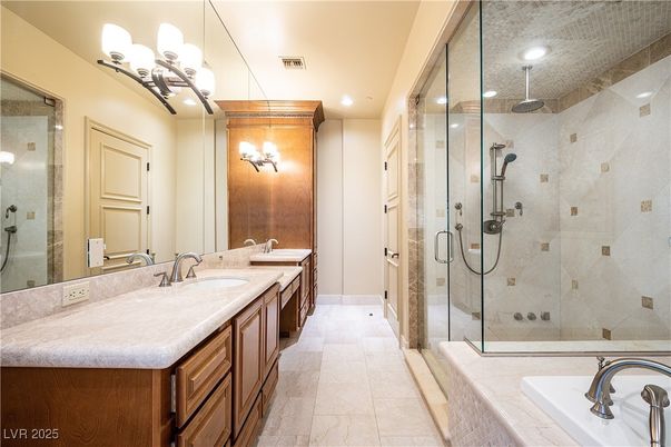 Bathroom, Dual Sink Vanities, Glass Shower, Interior, Recessed Lighting