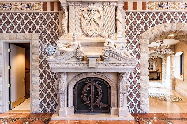 Chandelier, Fireplace, Interior