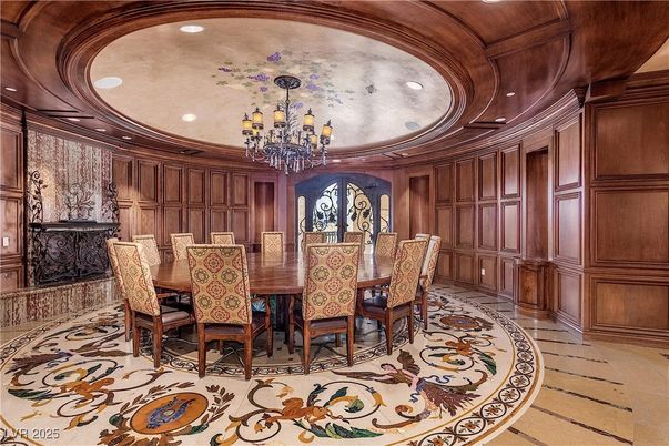 Chandelier, Dining room, Interior, Recessed Lighting, Wooden Ceilings, Wooden Walls
