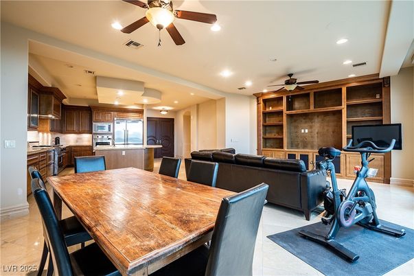 Dining room, Fitness Equipment, Interior, Kitchen, Living room, Recessed Lighting, Stainless Steel Appliances