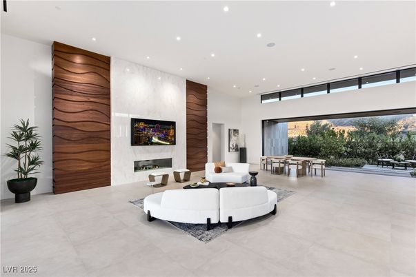 Dining room, Fireplace, Interior, Living room, Recessed Lighting, Wooden Walls