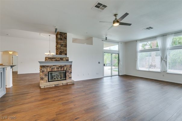 Empty room, Fireplace, Interior, Pendant Lights, Wood Texture Flooring