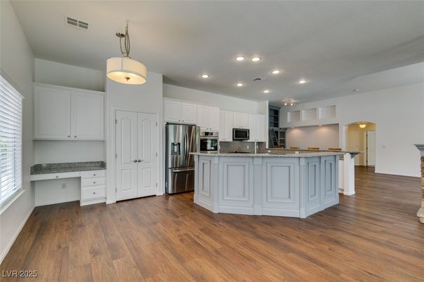 Interior, Kitchen, Pendant Lights, Recessed Lighting, Stainless Steel Appliances, Wood Texture Flooring
